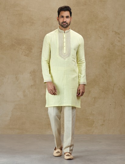 Lime yellow pure linen kurta suit for festive celebrations