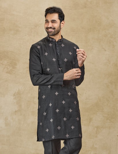 Black thread worked kurta in pure linen