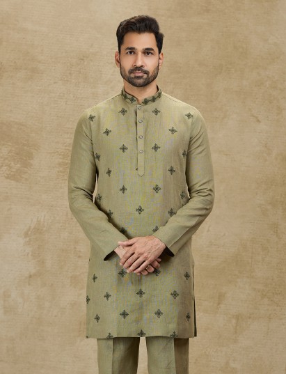 Olive green linen kurta for wedding celebrations