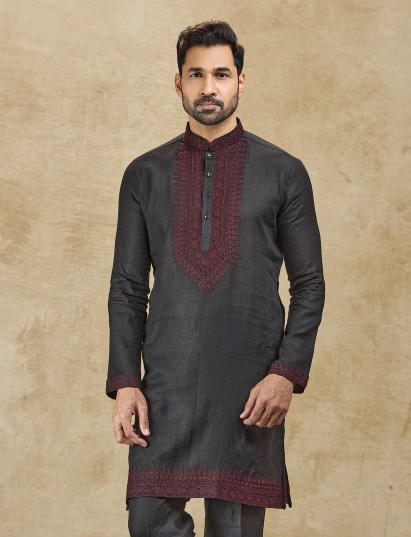 Charcoal black linen kurta with thread detailing