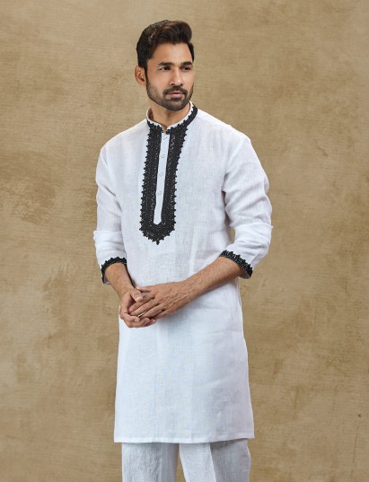 White linen festive wear kurta for men