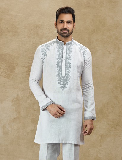 Ice grey linen kurta with embroidery