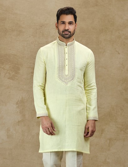 Lime yellow pure linen kurta for festive celebrations