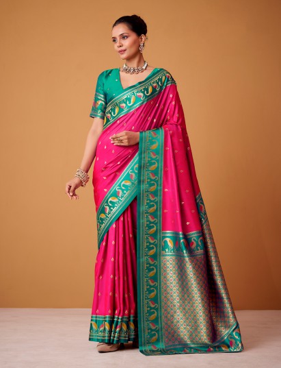 Rani pink zari worked satin silk saree