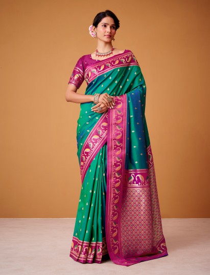 Rama green satin silk saree with highlighted border