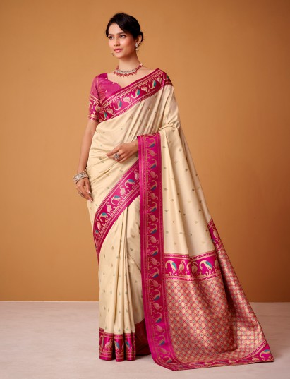 Cream satin silk saree with gorgeous pink border