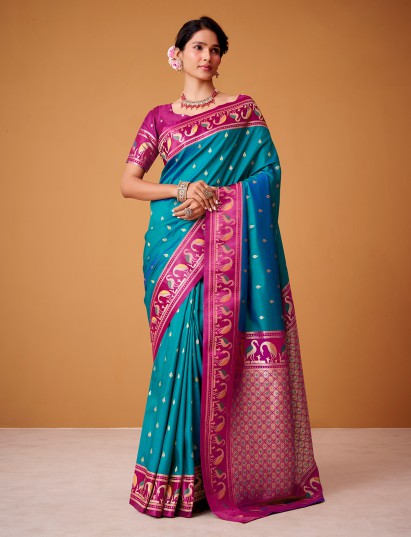 Blue festive wear satin silk saree with zari shine