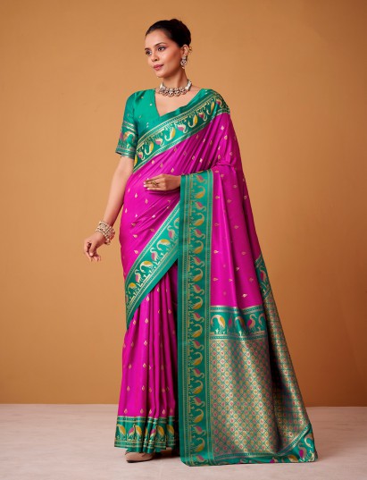 Magenta satin silk saree with bold rama green border