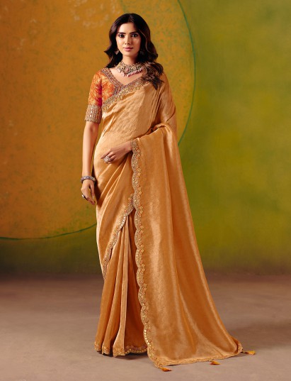 Peach zari silk saree with ready made blouse