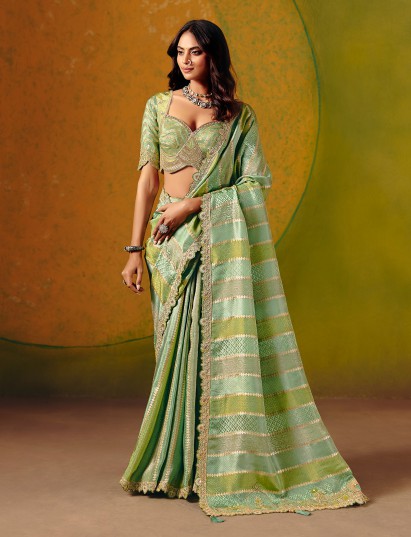 Green jacquard silk saree with intricate resham accents