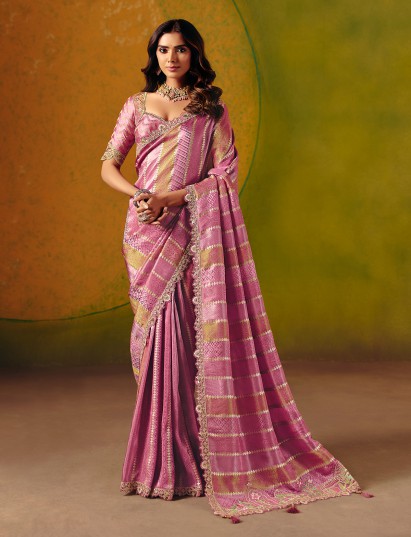 Onion pink jacquard silk saree for wedding occasions
