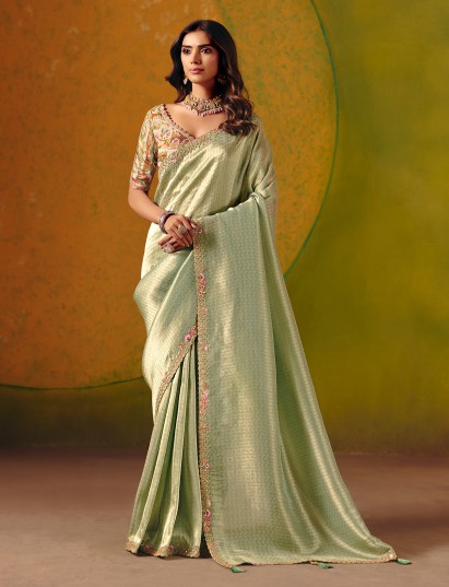 Pista green zari silk saree with ready made blouse