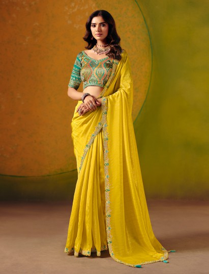 Yellow festive wear zari silk saree
