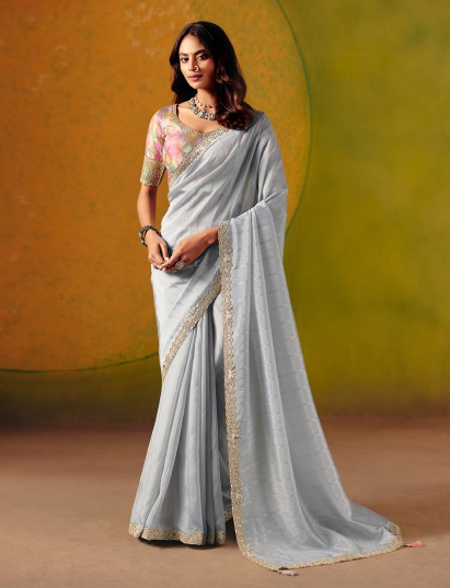 Sophisticated grey zari silk saree with ready made blouse