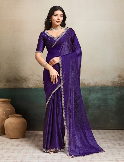 Purple party wear saree in fandy chiffon