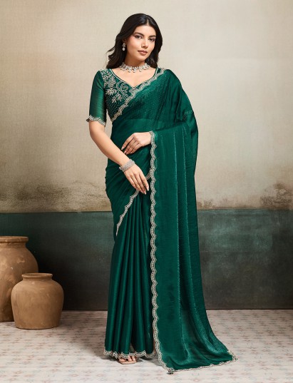 Dark green fandy chiffon saree with stones