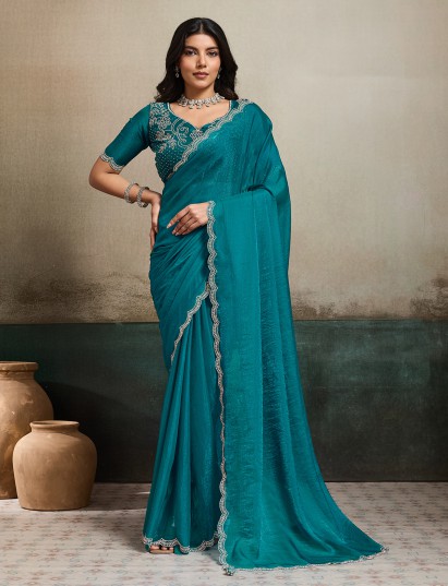 Rama green fandy chiffon saree with stones detailing