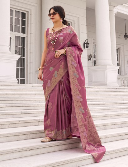 Mauve pink kurra silk saree for festive celebration