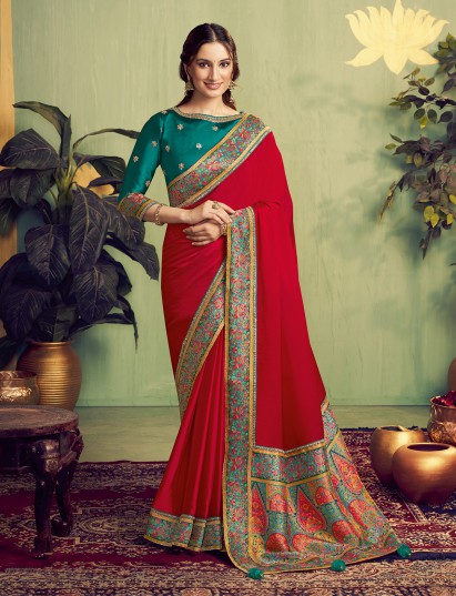 Bold red satin saree for party wear elegance
