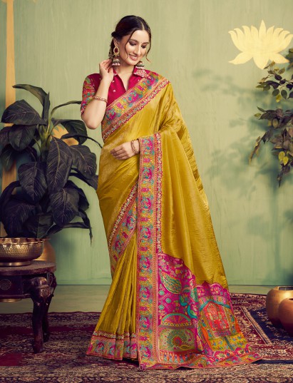 Mustard yellow upada silk saree for festive charm