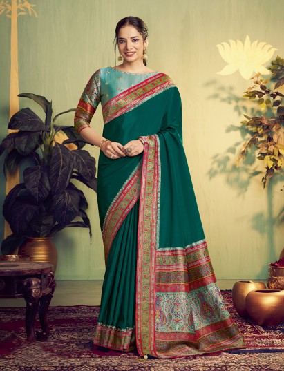 Green banarasi natural silk saree for festivals