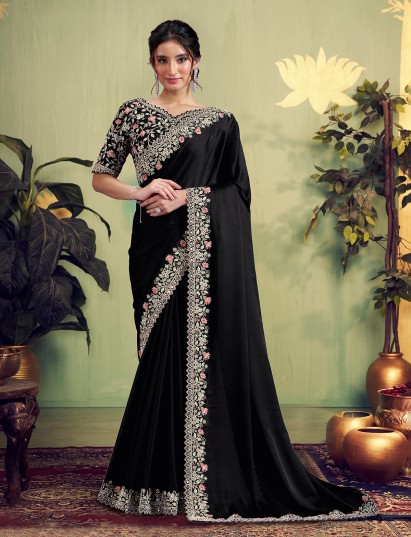 Black satin silk saree for glamorous party wear