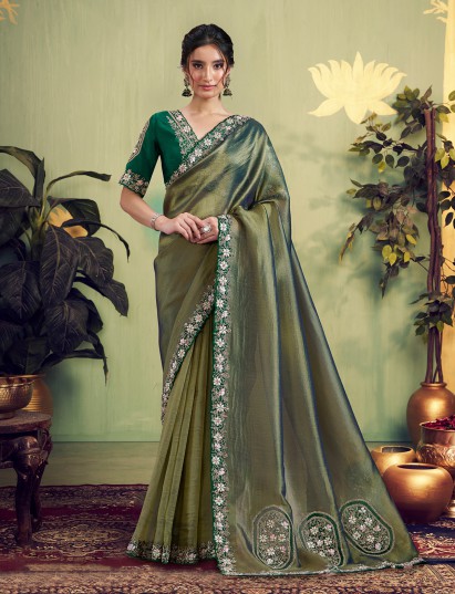 Olive green glass tissue silk saree for wedding occasions