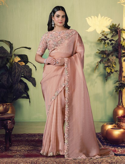 Light pink glass tissue saree for festive elegance