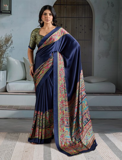 Navy ajrakh print party wear saree