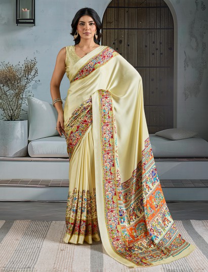 Cream modal satin saree with traditional ajrakh print