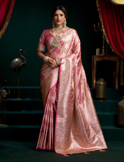 Shiny pink banarasi silk festive saree