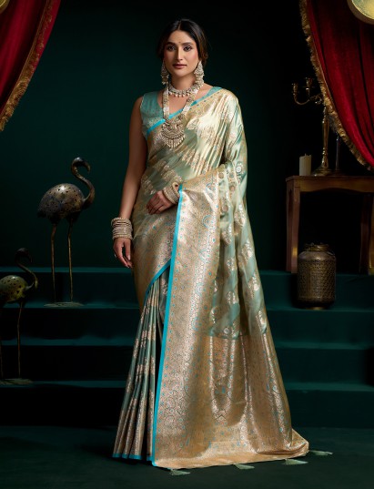 Rama blue banarasi silk wedding wear saree