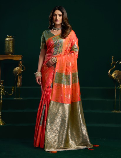 Traditional orange soft silk festive saree