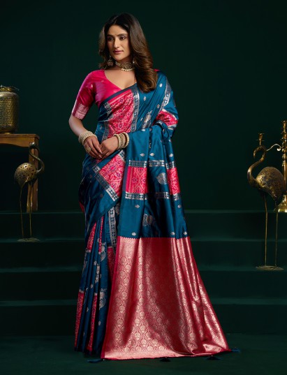 Rama blue soft silk wedding saree