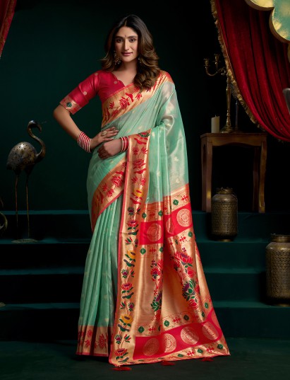 Rama green tissue paithani silk saree