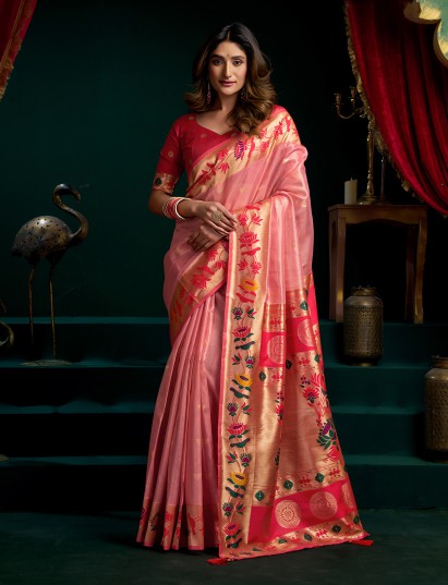 Newest pink tissue paithani silk saree