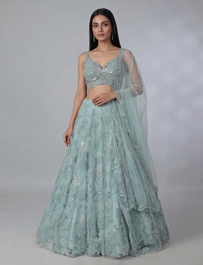 Sky blue net lehenga choli with heavy embellishments