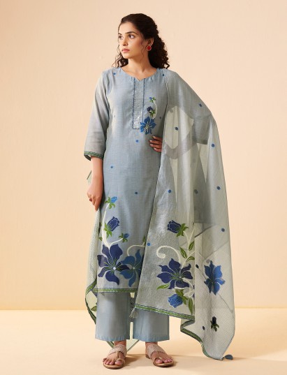 Stylish grey floral linen kurti set with dupatta