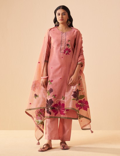 Onion pink linen kurti set with floral print