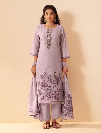 Lavender purple floral linen kurti set with dupatta
