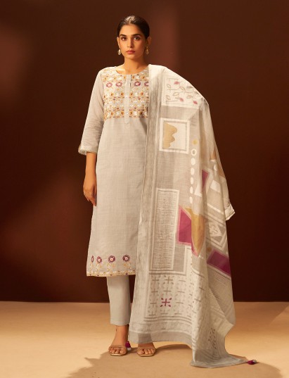 Beige cotton linen embroidered kurti set with dupatta