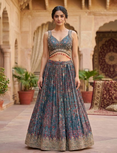 Blue satin wedding wear lehenga choli with print