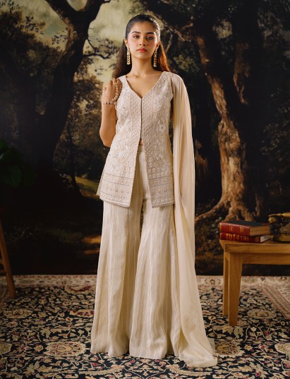 White tissue silk palazzo suit with pearl and stone work