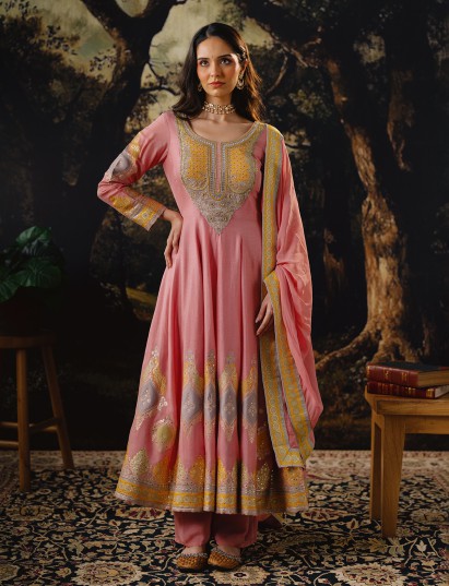 Pink silk embroidered Anarkali suit with mirror work