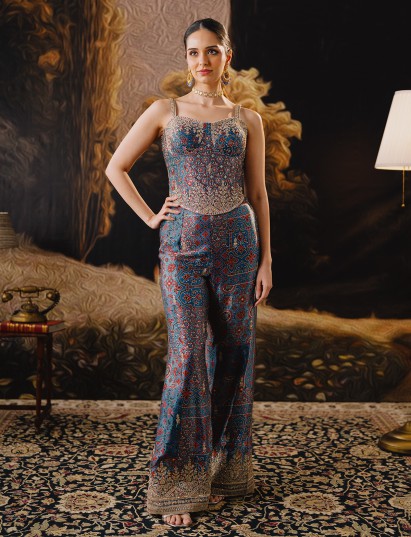 Blue satin silk printed palazzo suit with sweetheart neck