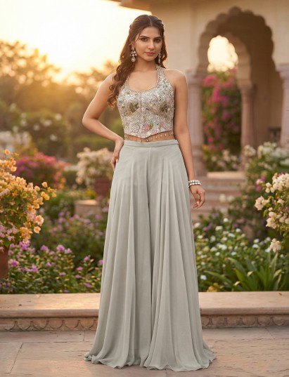 Grey georgette suit with stone work