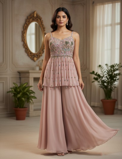 Onion pink georgette palazzo suit with sequins detailing