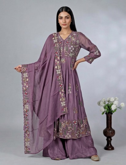 Purple silk pakistani style suit with embroidered palazzo and dupatta