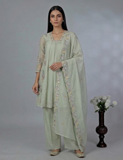 Pista green chiffon linen palazzo suit with embroidery and dupatta