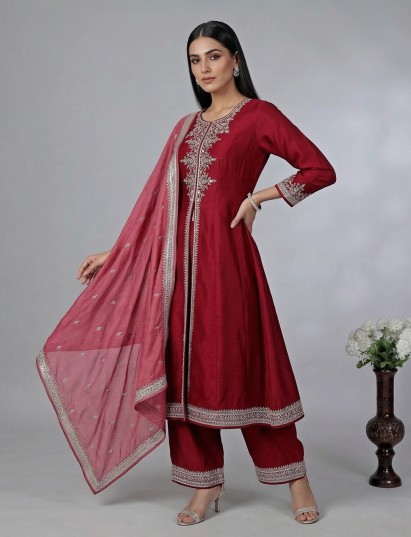 Deep red silk festive palazzo suit with embroidery and dupatta